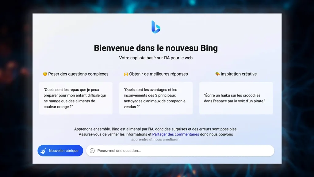 New Bing fenêtre d'accueil